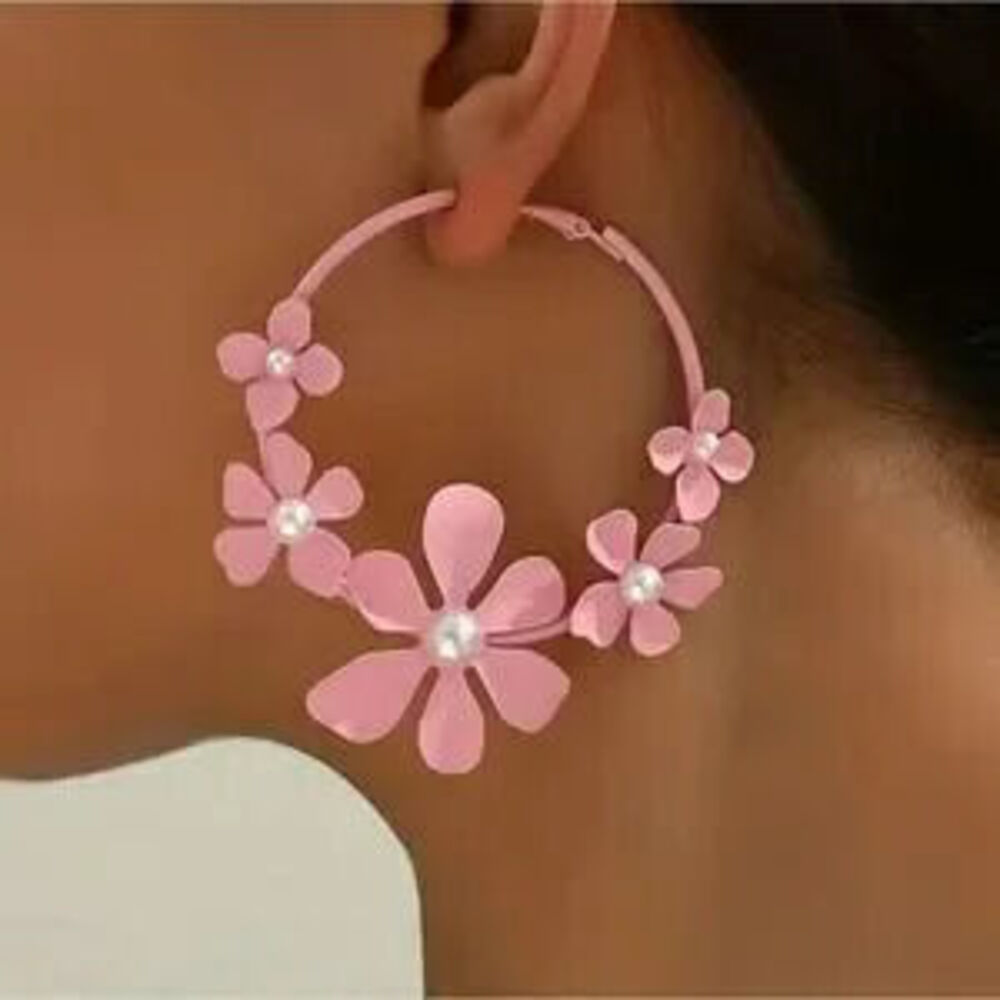 Pink Flower?&?Pearl?Hoop?Earrings